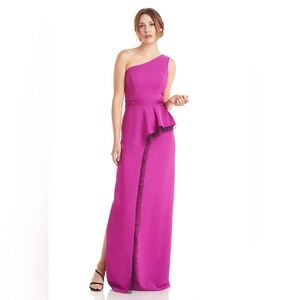 JS collections One-Shoulder Magenta Evening Gown with Ruffle Trim